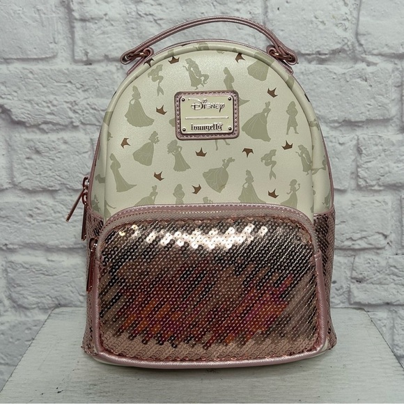 Loungefly Disney Ultimate Princess Sequin Rose Gold Mini Backpack